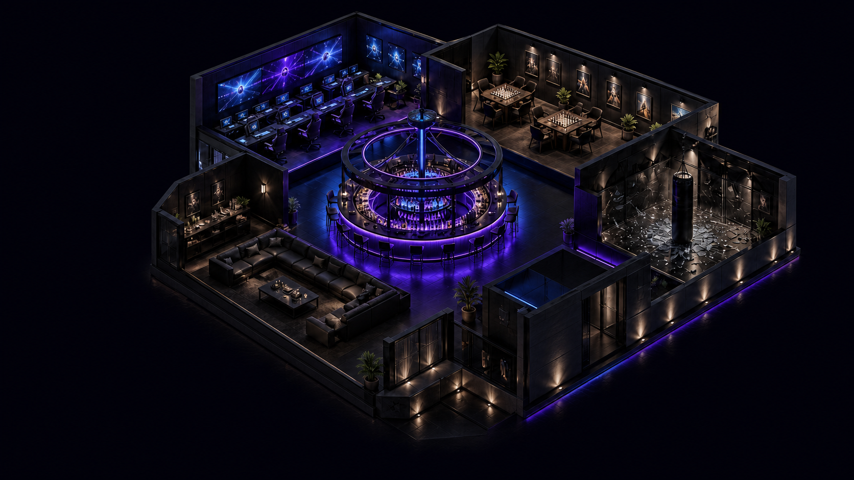Isometric concept of the clubhouse with a gaming arena, chess room, rage room, central circular bar, and lounge