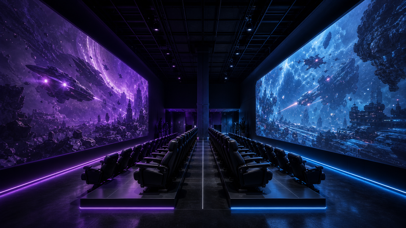 Dual-projection gaming arena with two back-to-back rows of theater seats